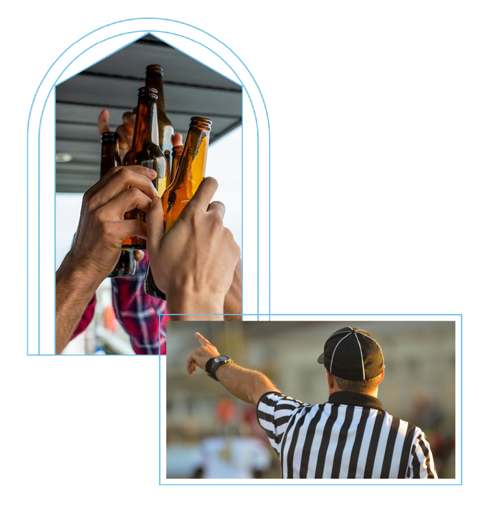 Photo 1 is several beers being raised in celebration. Photo two is a referee pointing to the left.