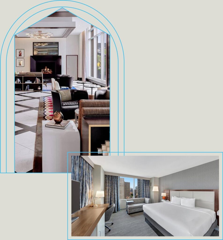 Photo collage of the Hiltons of McCormick Place, including an image of the hotel lobby and a guest room.